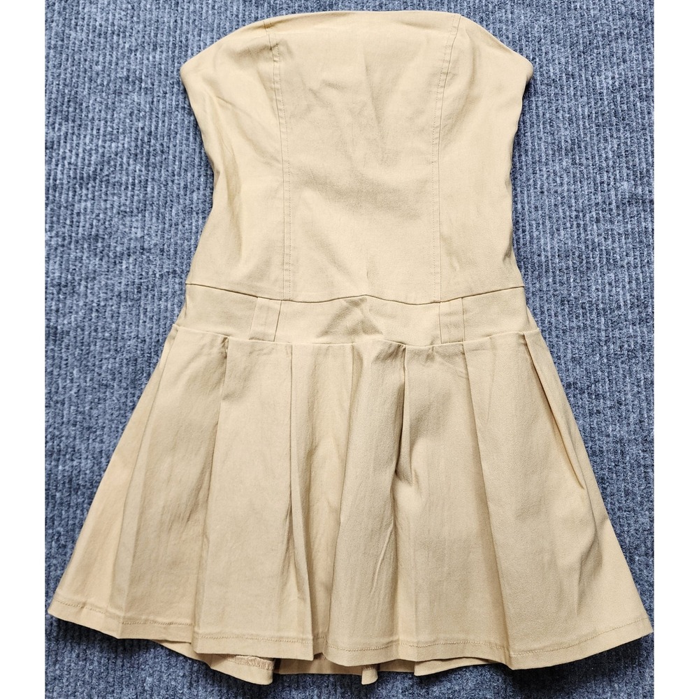 ASA Tan Strapless Pleated Drop Waist Mini Dress Khaki Medium NWT